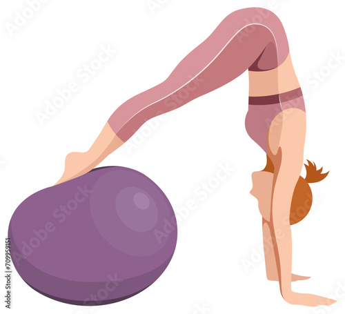 vector illustration of a beautiful slim girl in sportswear (leggings and a sports bra) doing fitness, sports, working out, doing exercises with a fitness ball isolated on a white background.