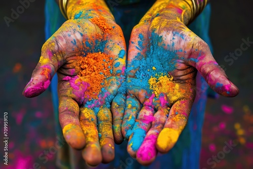 Indian holiday Holi, human hands in multi-colored paints. Generative AI