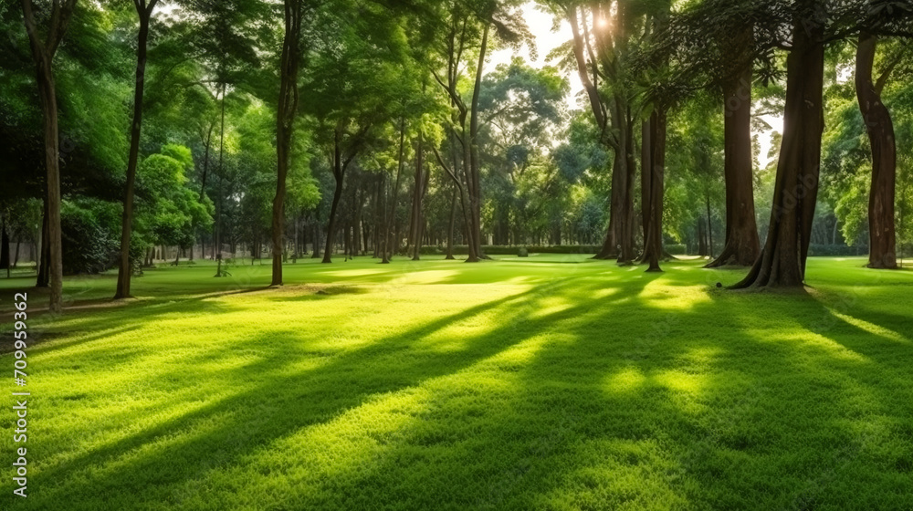 A Green Park Bathed in Morning Sunshine. Summer Splendor in the Heart of the Forest