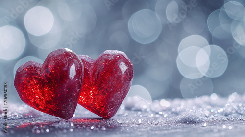 Valentines day Background of two red heart shape love made with glowing glitter bokeh image