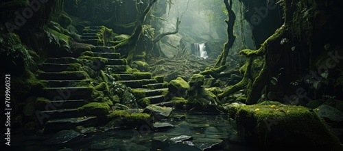 Navigate through a mystical forest on an ancient stone pathway adorned with moss  enveloped in an enchanting atmosphere.