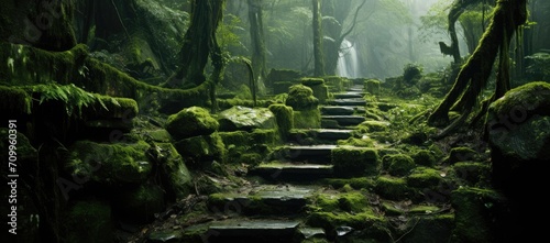 Navigate through a mystical forest on an ancient stone pathway adorned with moss  enveloped in an enchanting atmosphere.