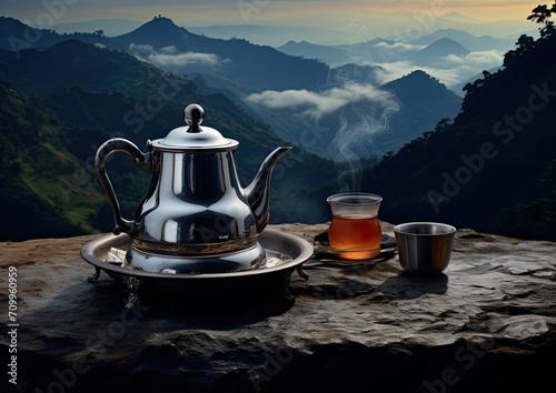 teapot set on the table with natural mountain view in the morning.