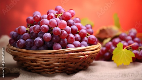 summer red grapes, red grape branches in basket on wooden table close up