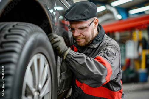 Car mechanic changes the tires of the vehicle in the workshop