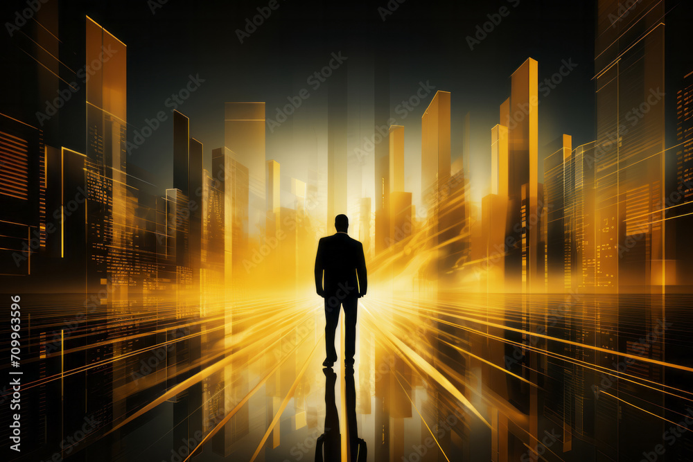 Man walking on creative linear matrix hologram business technology background. Metaverse, vr and futuristic technology concept