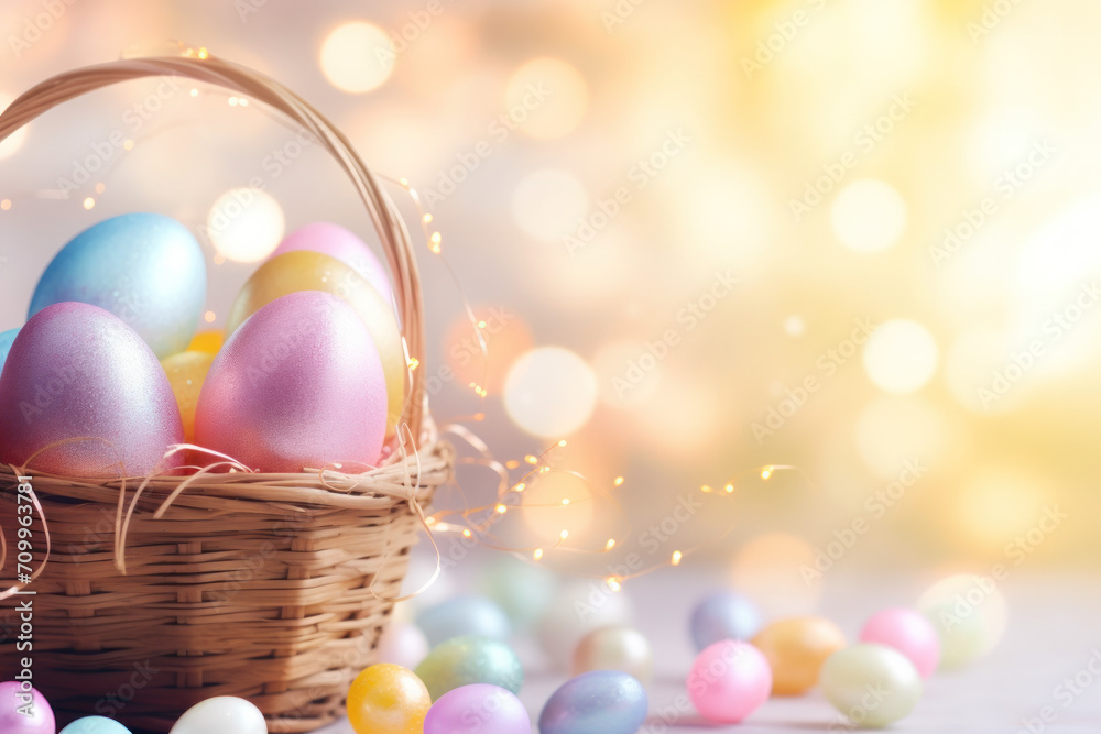 easter eggs in basket with copy space, Easter colourful banner easter eggs in basket with copy space, Easter colourful banner