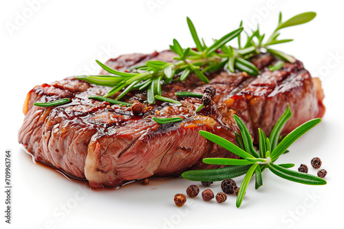 delicious Grilled big steak meat with rozemary and peper on a white background. photo