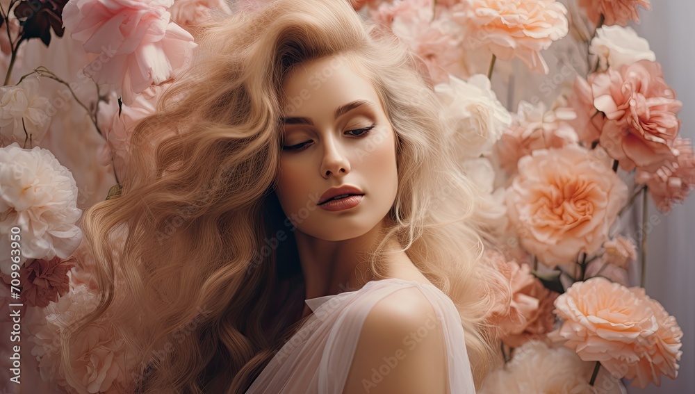 Beauty blonde woman long wavy hair, healthy skin, natural makeup