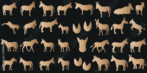 Golden donkey silhouettes, donkeys vector pattern on black background. Ideal for fabric, wallpaper, wrapping paper designs. Elegant, minimalist, luxury