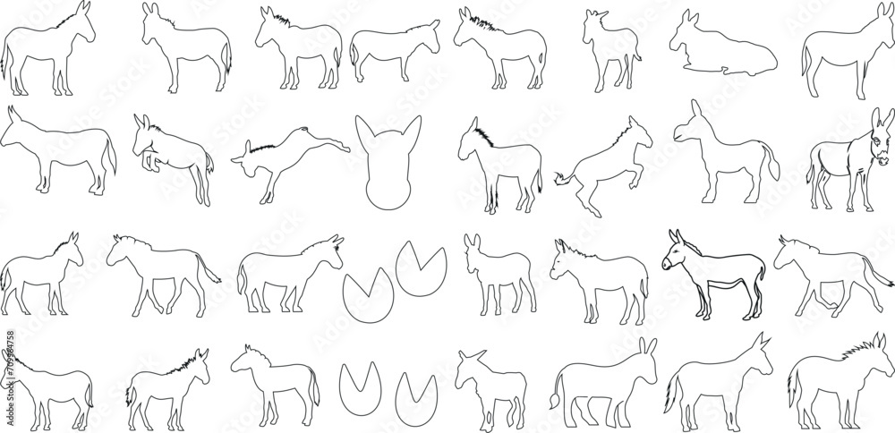 Vector art of donkey outline, perfect donkeys for logo design, brand identity, and pattern creation. Black line drawing of animal illustration in various poses