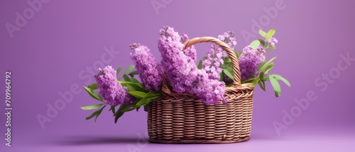 Lilac flowers in a wicker basket on a purple background . Springtime Concept. Mothers Day Concept with a Copy Space. Valentine's Day with a Copy Space. 