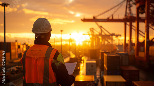 Harbor at Golden Hour: Logistics Expert Assessing Operations Amidst the Sunrise Over the Shipping Yard
