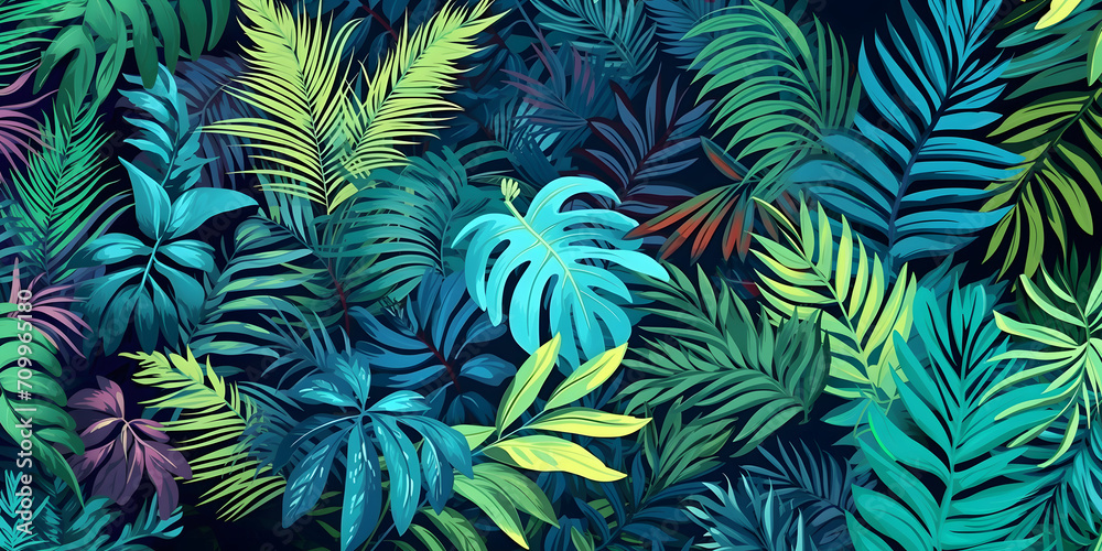 Colorful tropical leaves and flowers. unusual design of colorful vegetation