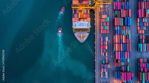 Aerial Dance of Commerce: Tugboats Guiding a Container Ship at a Bustling Cargo Port © Benixs