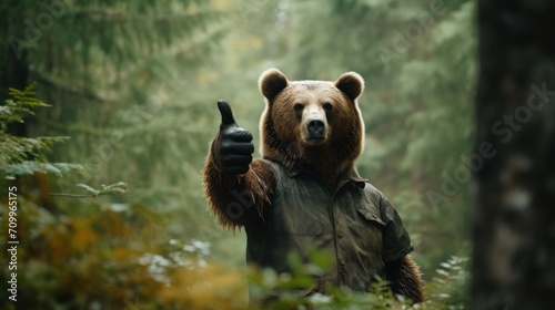 Portrait of friendly bear making thumbs up.