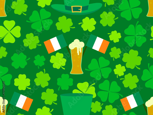 Seamless pattern with Irish flag, clover leaves, leprechaun hat and glasses of beer for St. Patrick's Day. Symbols of the Irish holiday. Festive wallpaper, banner and cover design. Vector illustration