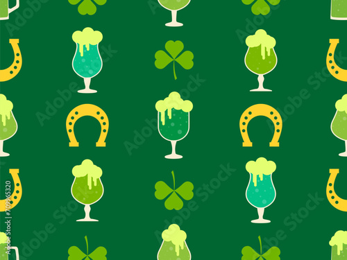 Seamless pattern with clover leaves, glasses of beer and horseshoe for St. Patrick's Day. Green mugs of beer with foam. Festive design for wallpaper, banner and cover. Vector illustration