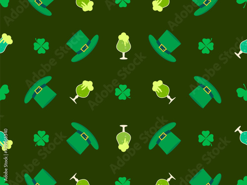Seamless pattern with clover leaves, glasses of beer and leprechaun hat for St. Patrick's Day. Green mugs of beer with foam. Festive design for wallpaper, banner and cover. Vector illustration