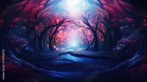 Fantasy background, abstract landscape with foggy forest and copy-space. Neon lights, pink and blue colors.