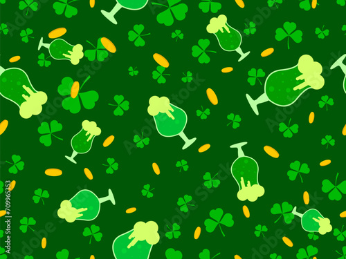 Seamless pattern with glasses of green beer, clover leaves and gold coins for St. Patrick's Day. Glasses of beer on a stem with foam in a flat style. Design for banner and cover. Vector illustration
