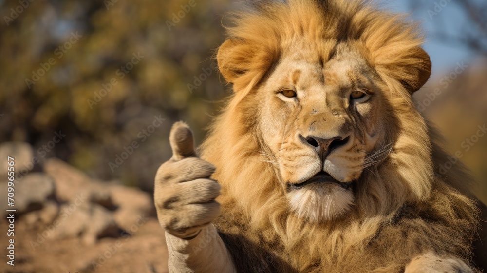 Fototapeta premium Portrait of friendly lion making thumbs up.