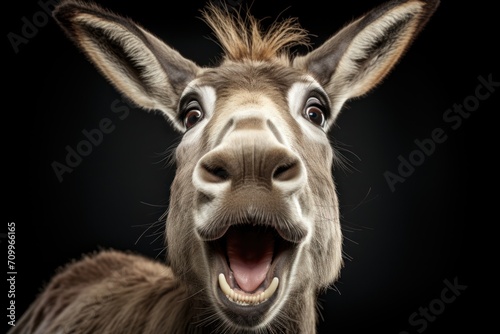 Happy surprised donkey with open mouth.