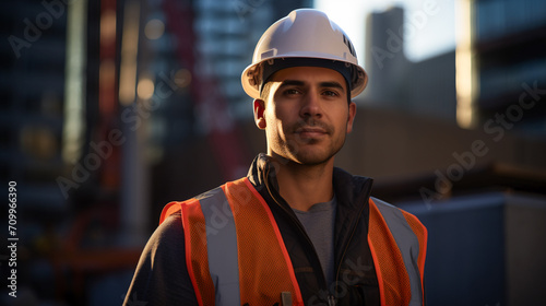 Engineer on a Skyscraper Site. Skyscraper Builder in the Evening Light