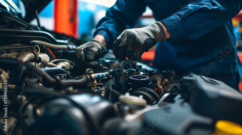Auto Mechanic Performing Precision Engine Maintenance in Car Workshop