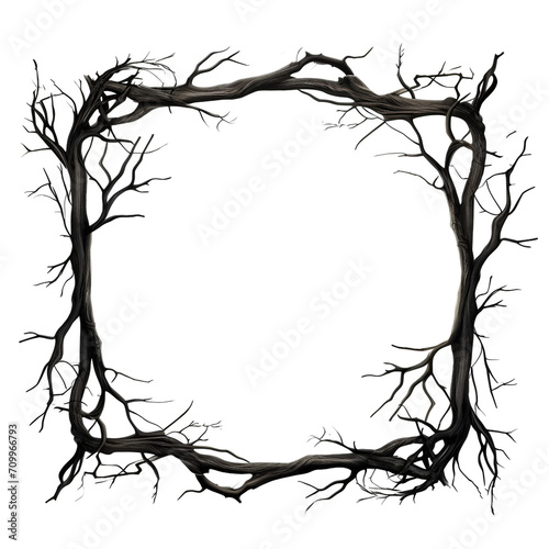 Illustration of a frame of rustling black branches, on a white background created with Generative Ai