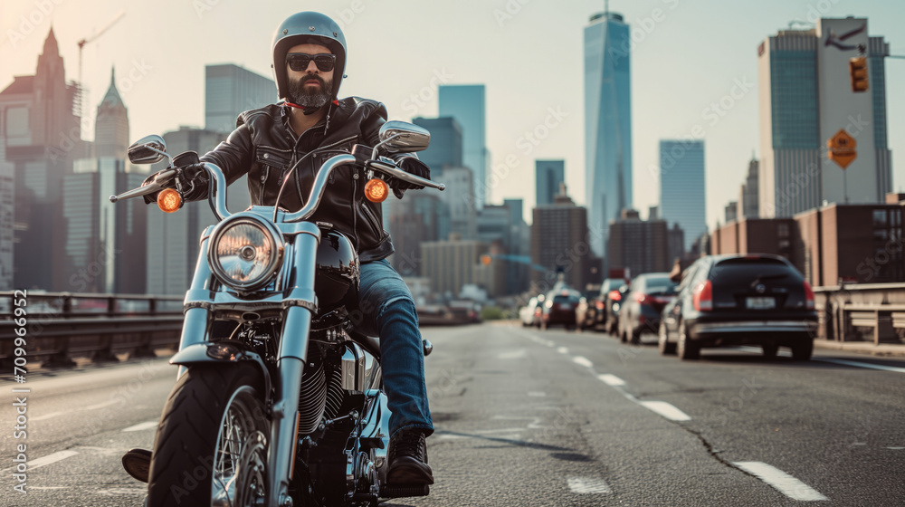 Portrait of a handsome brunette man in a leather jacket on a motorcycle against the backdrop of New York streets. Portrait of a handsome brunette man in a leather jacket on a motorcycle against the backdrop of New York streets.