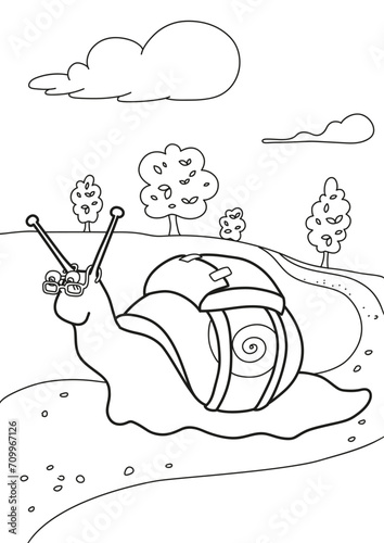 The coloring page with the happy snail with the glasses and the backpack on the road with a few trees and clouds in the background.