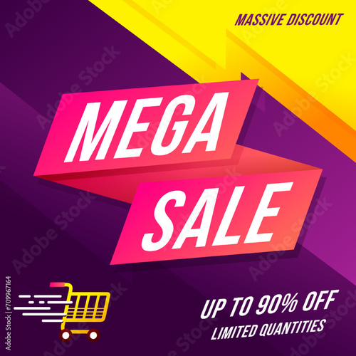 Mega Sale Banner with discount up to 90%. Massive Discount. Vector illustration. up to 90% off limited quantities.