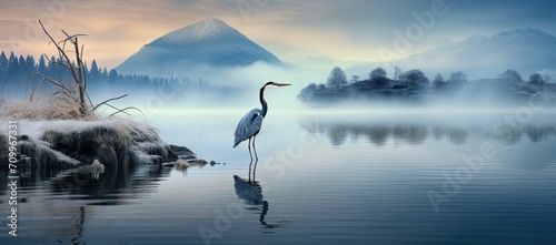 A heron gracefully adorning the lakeside. photo