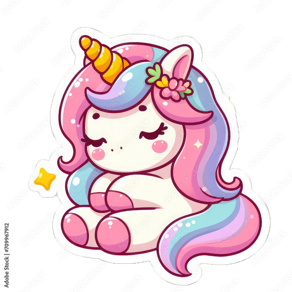 Fototapeta premium Generative AI Cute Little Unicorn Sticker, cute little baby unicorn sticker, cute tiny pegasus stickers, adorable baby stickers, lovely tiny unicorn stickers, cute little rainbow unicorn stickers