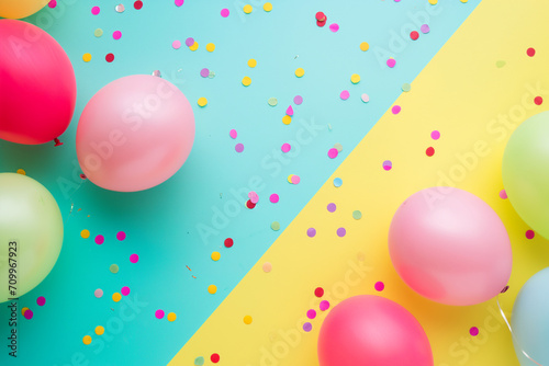 Joyful birthday background with colorful balloons and confetti. Yellow  Cian and Rosa. Top Zenithal shot.