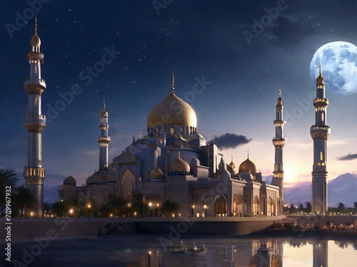 Islamic masjid mosque ramadan kareem and eid mubarak greetings. generative ai