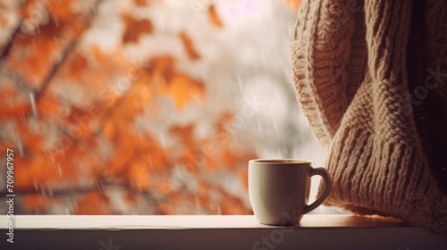 Cup of coffee with knitted sweater on table near window natural mountain background. AI generated