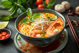 Laksa, a delectable & aromatic Southeast Asian noodle soup, tantalizes the taste buds with its rich coconut milk-based broth infused with a harmonious blend of spices, succulent seafood or tender meat