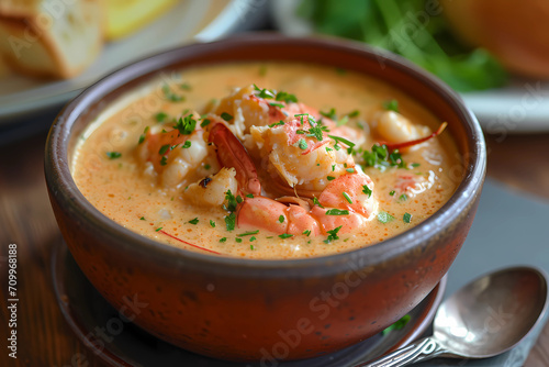 Lobster Bisque, a rich and indulgent seafood soup, tantalizes the palate with velvety smoothness, blending the succulence of tender lobster meat with a luscious, creamy base 