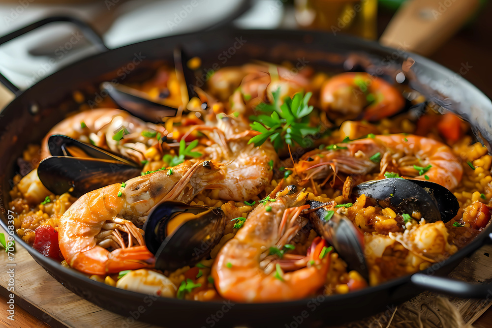 Paella, from Valencia, is a flavorful and aromatic one-pan rice dish, renowned for its saffron-infused golden hue, abundant mix of succulent seafood, savory meats, and a medley of vegetables Paella, from Valencia, is a flavorful and aromatic one-pan rice dish, renowned for its saffron-infused golden hue, abundant mix of succulent seafood, savory meats, and a medley of vegetables