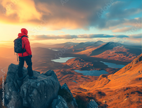 A wide angle landscape of the Scottish highlands from an elevated viewpoint at dusk. A lone man dressed in hiking gear and red jacket standing on a rock, looking at the distant horizon.