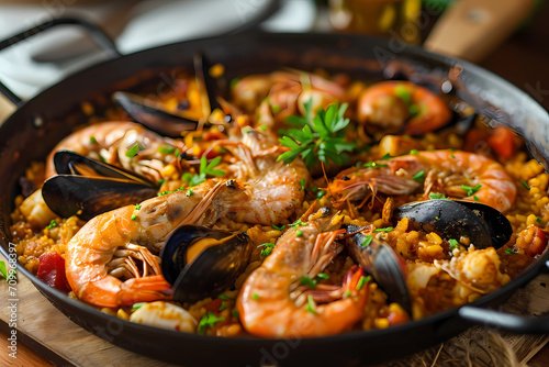 Paella, from Valencia, is a flavorful and aromatic one-pan rice dish, renowned for its saffron-infused golden hue, abundant mix of succulent seafood, savory meats, and a medley of vegetables