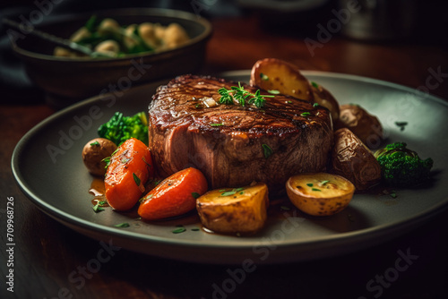 Juicy steak cooked to perfection. AI Generated © EwaStudio