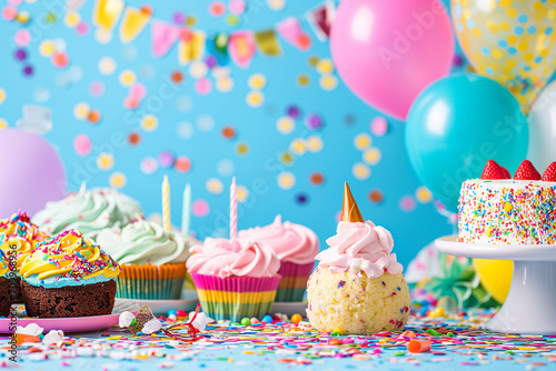 Colorful happy birthday background with different birthday cakes  balloons and confetti.