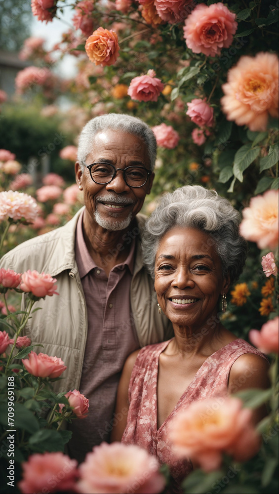 AI generated illustration of a loving elderly black couple surrounded by flowers