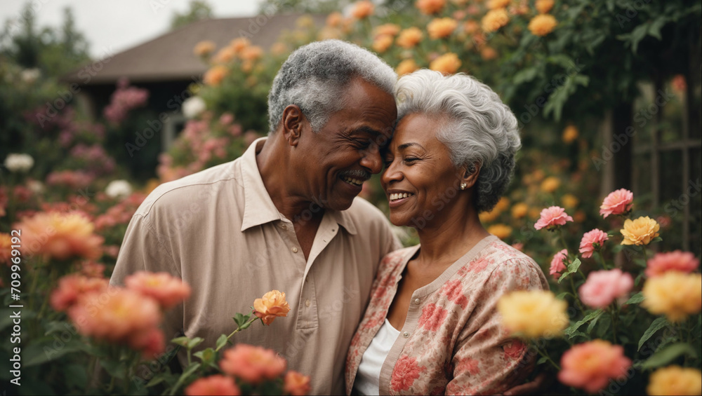 AI generated illustration of a loving elderly black couple surrounded by flowers AI generated illustration of a loving elderly black couple surrounded by flowers
