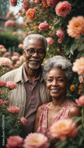 AI generated illustration of a loving elderly black couple surrounded by flowers © Wirestock
