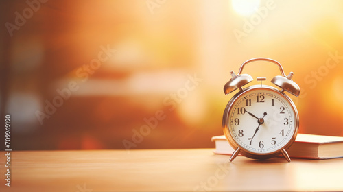 Alarm clocks on a wooden floor in morning light .