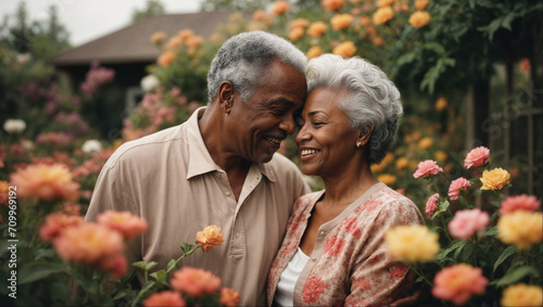 AI generated illustration of a loving elderly black couple surrounded by flowers